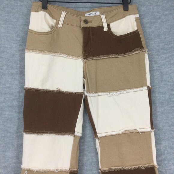 Machine Jeans 7 Flare Patch Brown Colorblock Y2K 90s Bell Bottom Boho - Picture 2 of 15